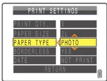 PRINT SETTINGS PRINT QTY. 9 PAPER SIZE 2L PAPER TYPE PHOTO BORDERLESS YES DATE NOT PRINT RETURN