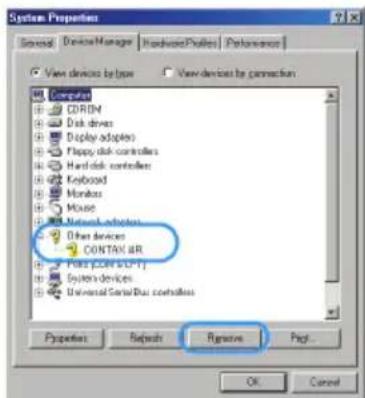System Properties. General, Device Manager, Hardware, Performance. View devices by type. View devices by connection. Computer, CDRD, Disk drives, Display adapters, Floppy disk controllers, Hard disk controllers, Keyboard, Monitors, Mouse, Network operators, Other devices CONTAIN AIR, Ports (COM/LPT)…