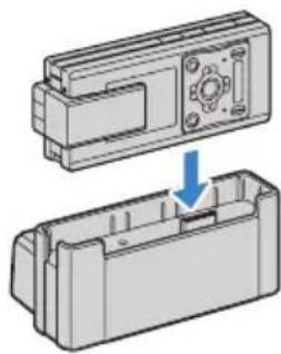 Technical illustration of a mechanical housing component with a blue arrow indicating assembly (no text or symbols present)