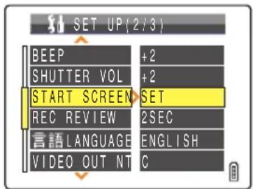 SET UP (2/3) BEEP +2 SHUTTER VOL +2 START SCREEN SET REC REVIEW 2SEC LANGUAGE ENGLISH VIDEO OUT NTSC