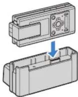 Technical illustration of a mechanical housing component with a blue arrow indicating assembly (no text or symbols present)