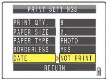 PRINT SETTINGS PRINT QTY. 9 PAPER SIZE 2L PAPER TYPE PHOTO BORDERLESS YES DATE NOT PRINT RETURN
