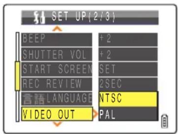 SET UP (2/3) BEEP + 2 SHUTTER VOL + 2 START SCREEN SET REC REVIEW 2SEC LANGUAGE NTSC VIDEO OUT PAL