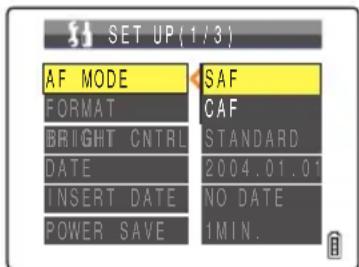 SET UP (1/3) AF MODE FORMAT BRIGHT CNTRL DATE INSERT DATE POWER SAVE SAF CAF STANDARD 2004.01.01 NO DATE 1MIN.