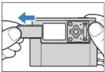 Illustration of hands holding a device with a blue arrow indicating left motion (no text or symbols).