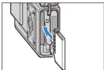 Diagram of a device's internal structure showing a door and cable inserted, with a blue arrow indicating the cable's direction (no text or symbols present).