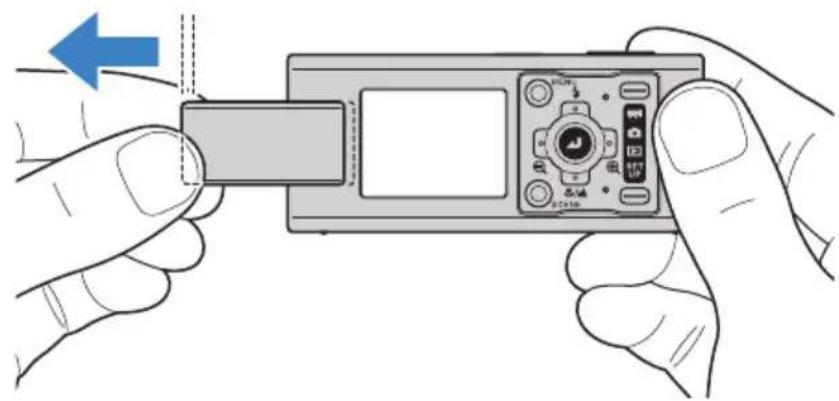 Illustration of hands holding a digital camera module with a blue arrow indicating left motion (no text or symbols)