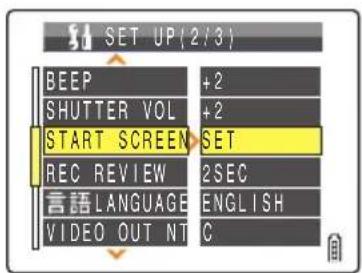 SET UP {2/3} BEEP +2 SHUTTER VOL +2 START SCREEN SET REC REVIEW 2SEC LANGUAGE ENGLISH VIDEO OUT NTSC