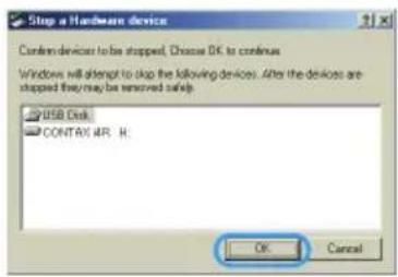 Stop a Hardware device. Confirm devices to be stopped. Choose OK to continue. Windows will attempt to stop the following devices. After the devices are stopped they may be removed safely. USB Disk, CONTAX MR: H. OK Cancel.