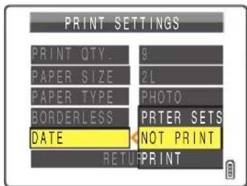 PRINT SETTINGS PRINT QTY. 9 PAPER SIZE 2L PAPER TYPE PHOTO BORDERLESS PRINTER SETS DATE NOT PRINT RETURN PRINT