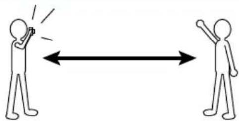 Two stick figures in a hallway, one holding a baton and the other holding a baton, with arrows indicating direction.