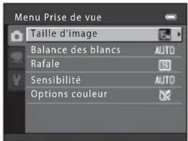 Menu Prise de vue Taille d'image Balance des blancs AUTO Rafale Sensibilité AUTO Options couleur