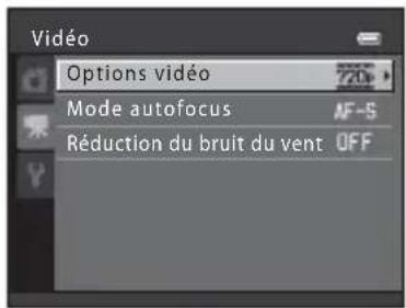 Vidéo Options vidéo Mode autofocus AF-S Réduction du bruit du vent OFF