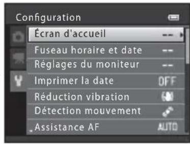 Configuration Écran d'accueil Fuseau horaire et date Réglages du moniteur Imprimer la date Réduction vibration Détection mouvement Assistance AF OFF AUTO