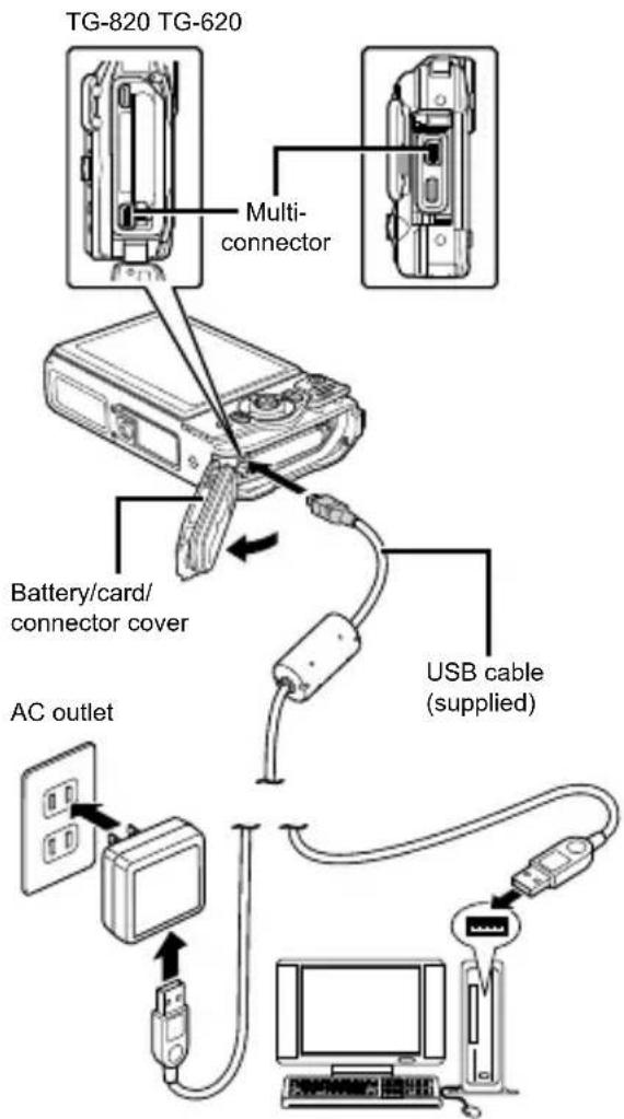 OLYMPUS Tough TG-620 - Charging the battery with the included USB-AC adapter - 1
