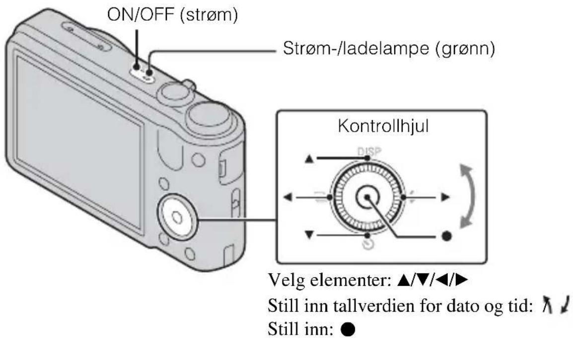 ON/OFF (strøm) Strøm-/ladelampe (grønn) Kontrollhjul Velg elementer: ▲/▼/◄/► Still inn tallverdien for dato og tid: ↗ Still inn: ●