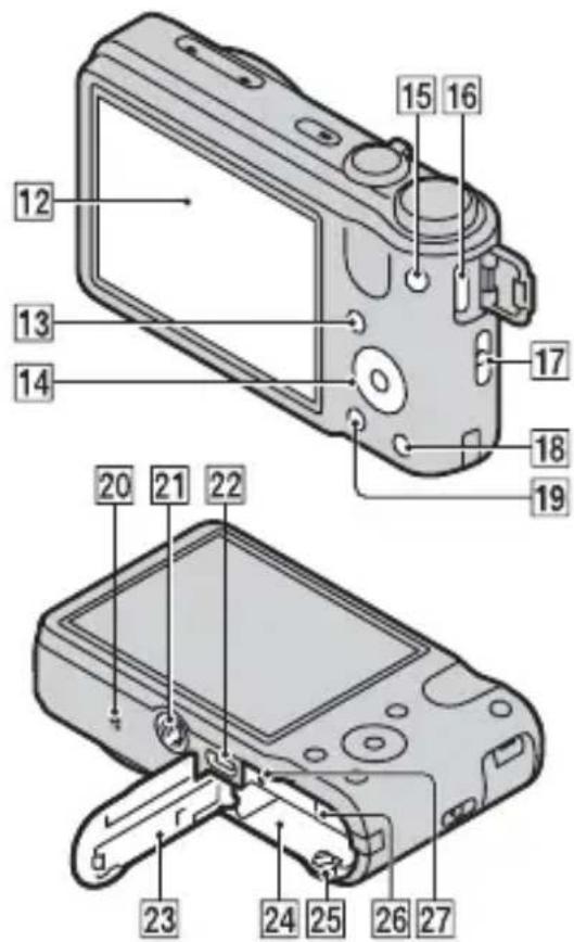 Technical diagram of a digital camera with numbered parts for identification