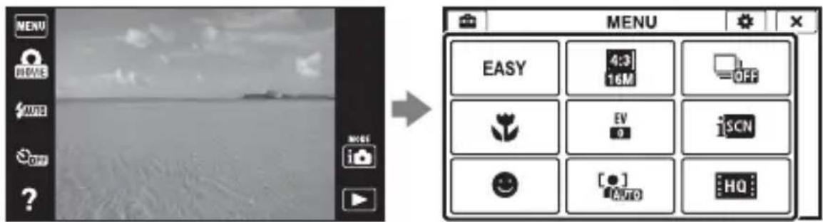 MENU HOME AUTO OFF ? MENU EASY 4:3 16M OFF EV 0 iSCN [●] AUTO HQ