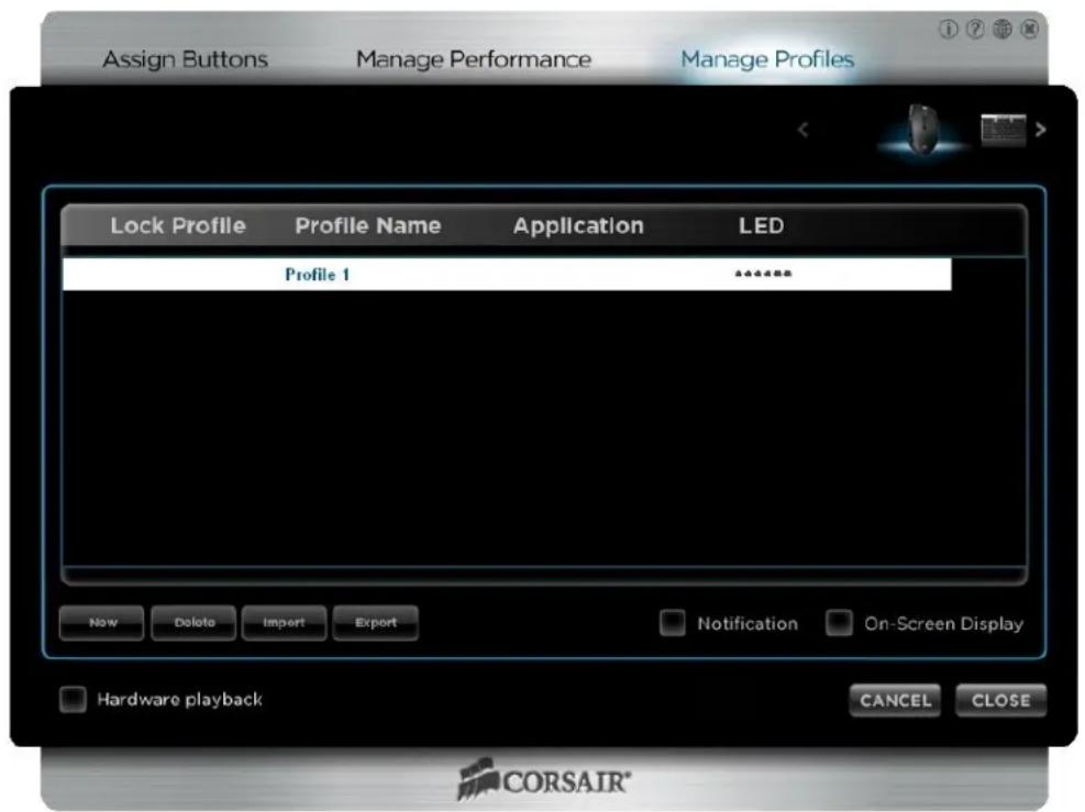 CORSAIR Vengeance M90 - Manage Profiles screen - 1