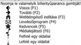 Nyomja le valamelyik billentyüparancs gombjátl Vissza (F1) Tovább (F2) Webböngésző indítása (F3) Levelezőprogram (F4) Kedvencek (F5) Médialejátszó (F6) Felfelé egy oldallal Lefelé egy oldallal