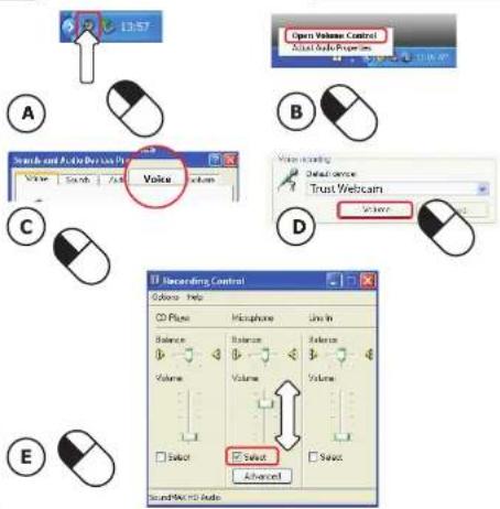 13:57 A B C D E Sound and Audio Drive Us Volume Switch View Volume Volume Select Select Select Record/Max HD Audio Recording Control Colors Help CD Files Balance Volume Select Advanced Open Volume Control Adjust Audio Properties Trust Webcam Select