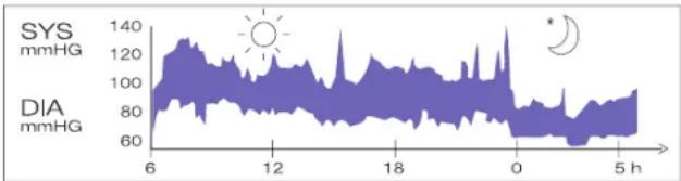 | Time (h) | SYS (mmHG) | DIA (mmHG) | | -------- | ---------- | ---------- | | 6 | ~120 | ~80 | | 12 | ~100 | ~70 | | 18 | ~90 | ~60 | | 0 | ~80 | ~50 | | 5 | ~70 | ~40 |