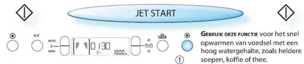 JET START GEBRUIK DEZE FUNCTIE voor het snel opwarmen van voedsel met een hoog watergehalte, zoals heldere soepen, koffie of thee.