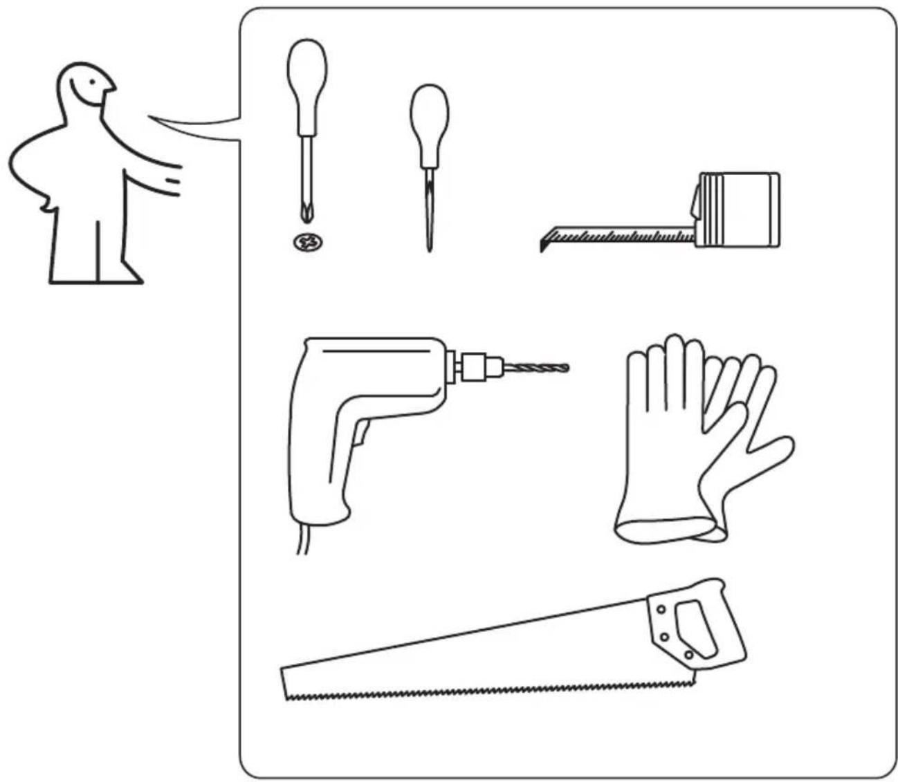 Illustration showing various hand tools including a bird, screwdriver, measuring tape, a hand tool, and a saw.