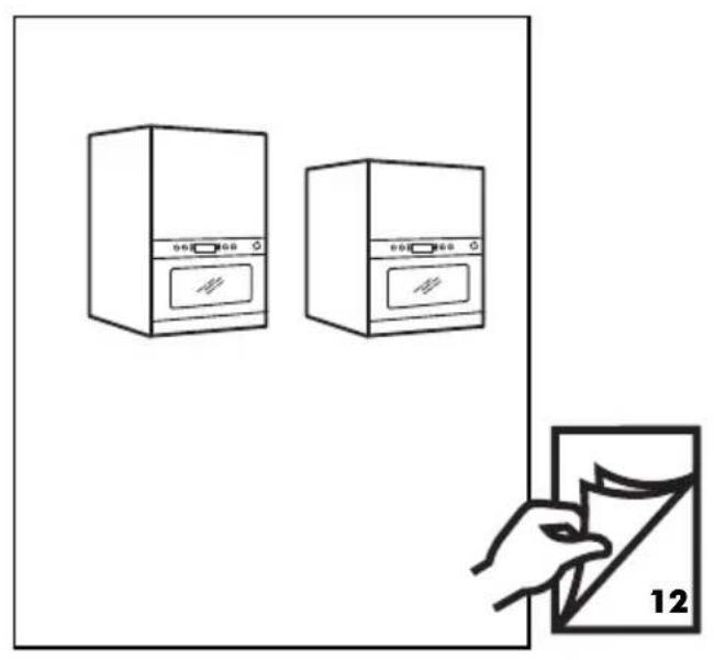 Diagram showing two kitchen cabinets with a hand holding a folded paper labeled '12' pointing to the cabinet.