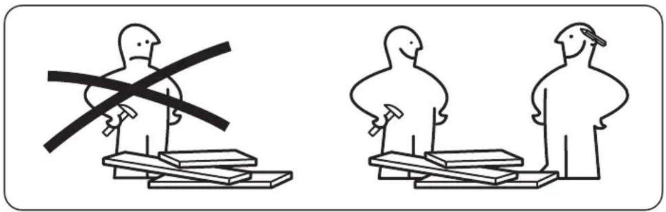 Illustration showing two figures with crossed-out tools, one standing on a platform and the other holding a hammer, symbolizing labor or construction.