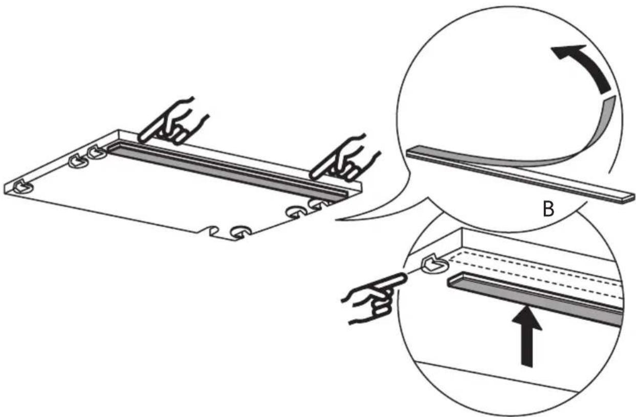 Diagram illustrating a mechanical assembly with labeled components and directional arrows, showing hand positioning and motion steps.
