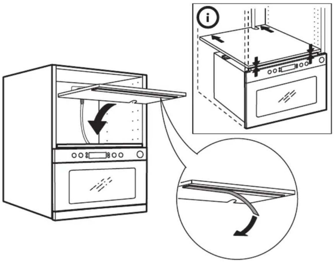 Diagram showing a kitchen oven with airflow direction and internal components, including a close-up of the oven's interior.