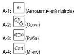 A-1: (Автоматичний підігрів) A-2: (Овочі) A-3: (Риба) A-4: (М'ясо)