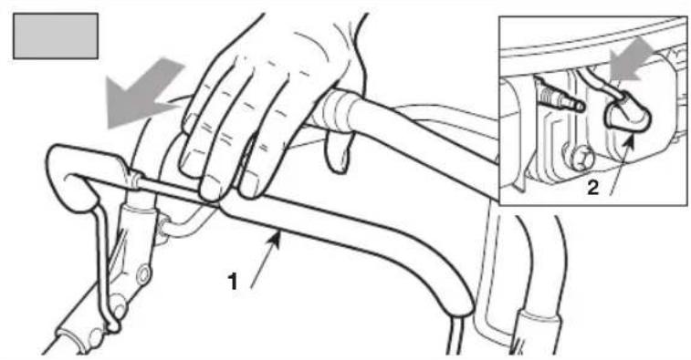 Technical diagram showing a hand operating a mechanical component with labeled parts and an inset view of a mechanical assembly.