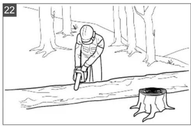 Line drawing of a person using a power saw to cut tree bark in a forest (no text or symbols)