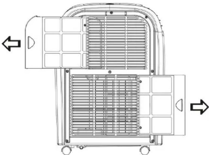Technical line drawing of a mechanical device with heat exchanger and wheels (no text or symbols)