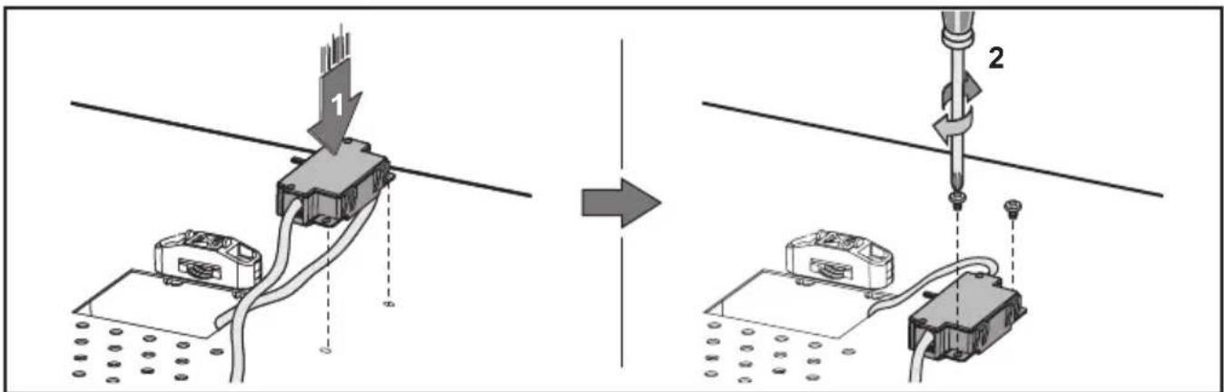Diagram illustrating a mechanical assembly process with labeled components and directional arrows indicating transformation.