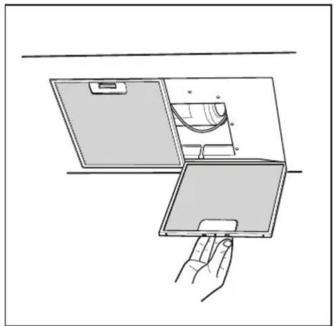 Line drawing of a hand holding a flatboard with a magnified inset showing internal components (no text or symbols)
