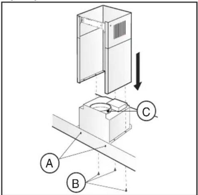 Technical diagram showing a mechanical assembly with labeled components A, B, and C, including directional arrows indicating motion or force.