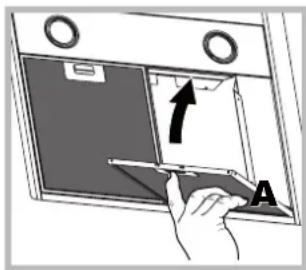 Diagram showing a hand inserting a device into a device labeled A, with an arrow indicating direction.