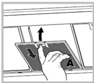 Diagram showing a hand pressing down an object with directional arrows labeled A and B, indicating movement or force.