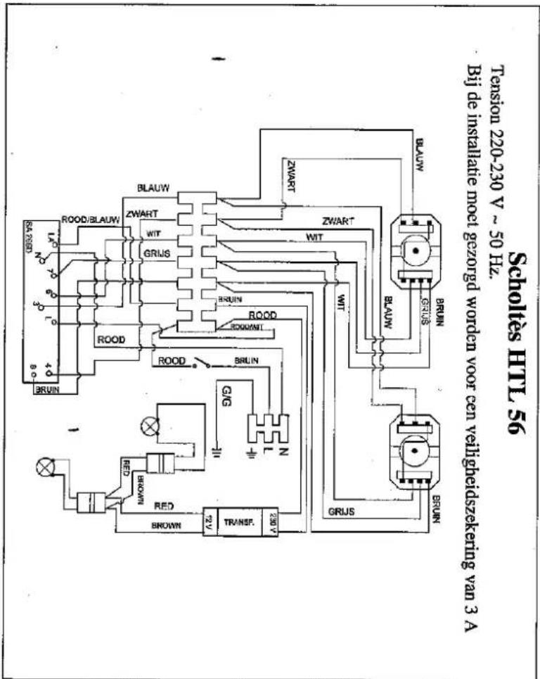 Scholtes HTL 56 Tension 220-230 V ~ 50 Hz. Bily de installate most gezorged worden voor cen verligheldszektering van 3 A