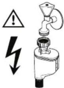 Safety warning symbol and diagram showing a faucet with a lightning bolt, indicating hazard or hazard.