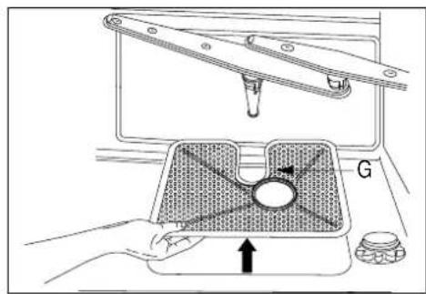 Technical diagram showing a hand operating a mechanical device with labeled components and an arrow indicating direction.