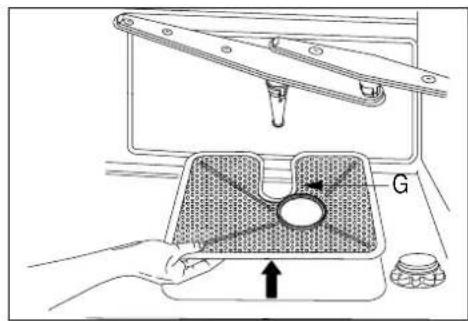 Technical diagram showing a hand operating a mechanical device with labeled components and directional arrows indicating movement or force.