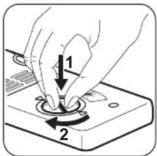 Diagram showing hand pressing a button on a device with labeled parts 1 and 2