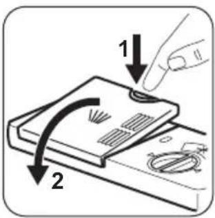 Diagram showing a hand pressing down on a device with labeled parts and directional arrows indicating motion or movement.
