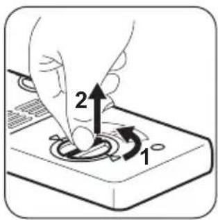 Diagram showing a hand pressing a button on a device with labeled parts 1 and 2, indicating a step in the process.