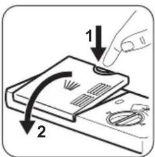 Diagram showing two labeled steps (1 and 2) of a device being processed, with arrows indicating direction of movement.