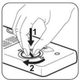 Diagram showing hand pressing a button on a device with labeled parts 1 and 2